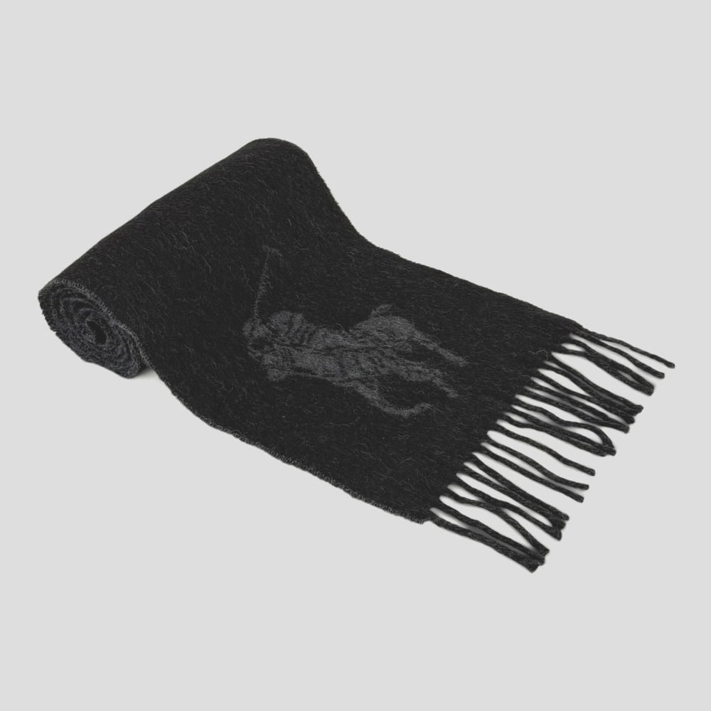 Polo Ralph Lauren Scarf Mens Gray Reversible Wool Fringe Italy Big Pony Logo